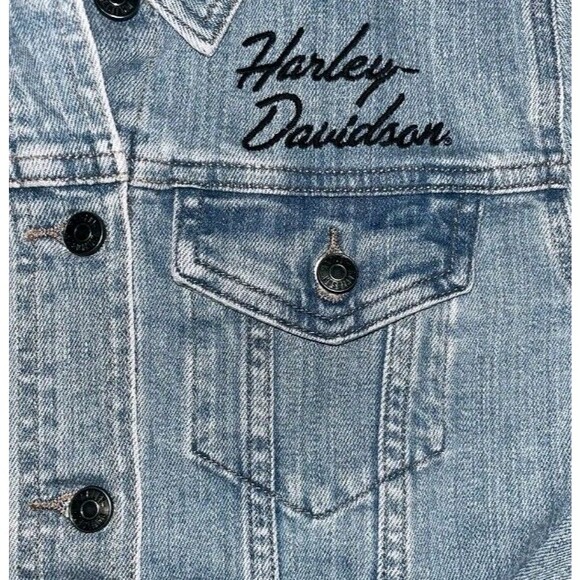 NEW HARLEY DAVIDSON EMBROIDERED WOMEN'S M SILVER WING STRETCH BLACK DENIM JACKET - Picture 4 of 12